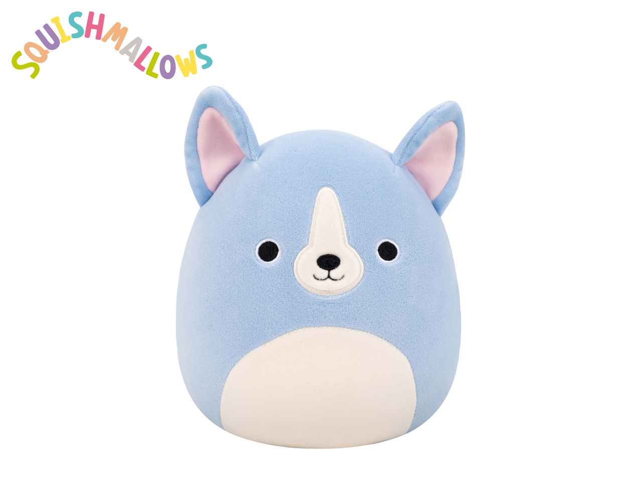 A light blue plush toy dog with pink ears and a white snout, with the word 'SQUISHMALLOWS' above it.