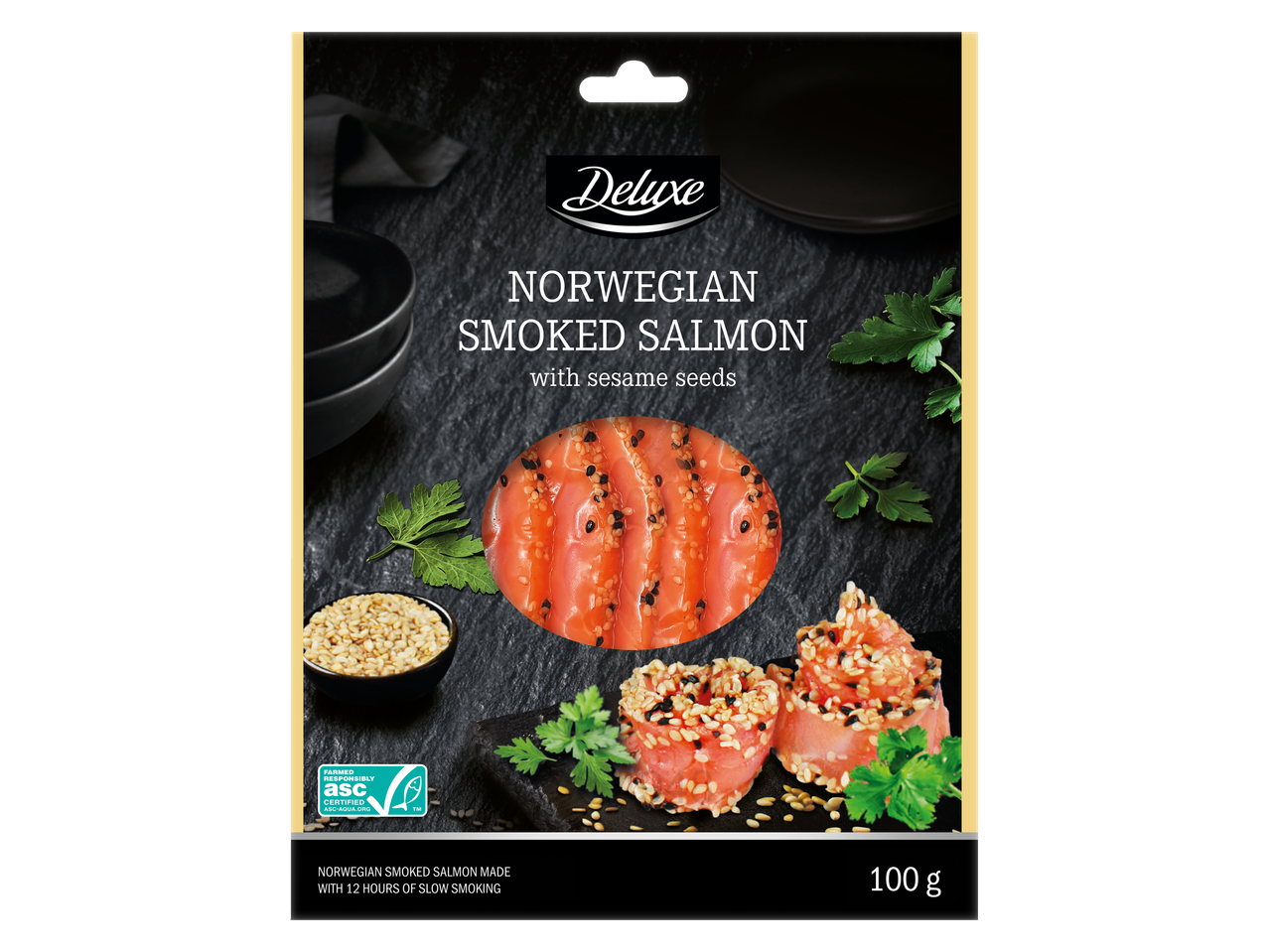 Somon afumat norvegian Deluxe cu semințe de susan, pachet de 100g.