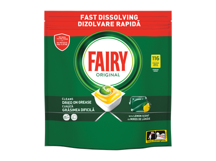 Pachet de capsule pentru mașina de spălat vase, cu 116 capsule, dizolvare rapidă și parfum de lămâie.