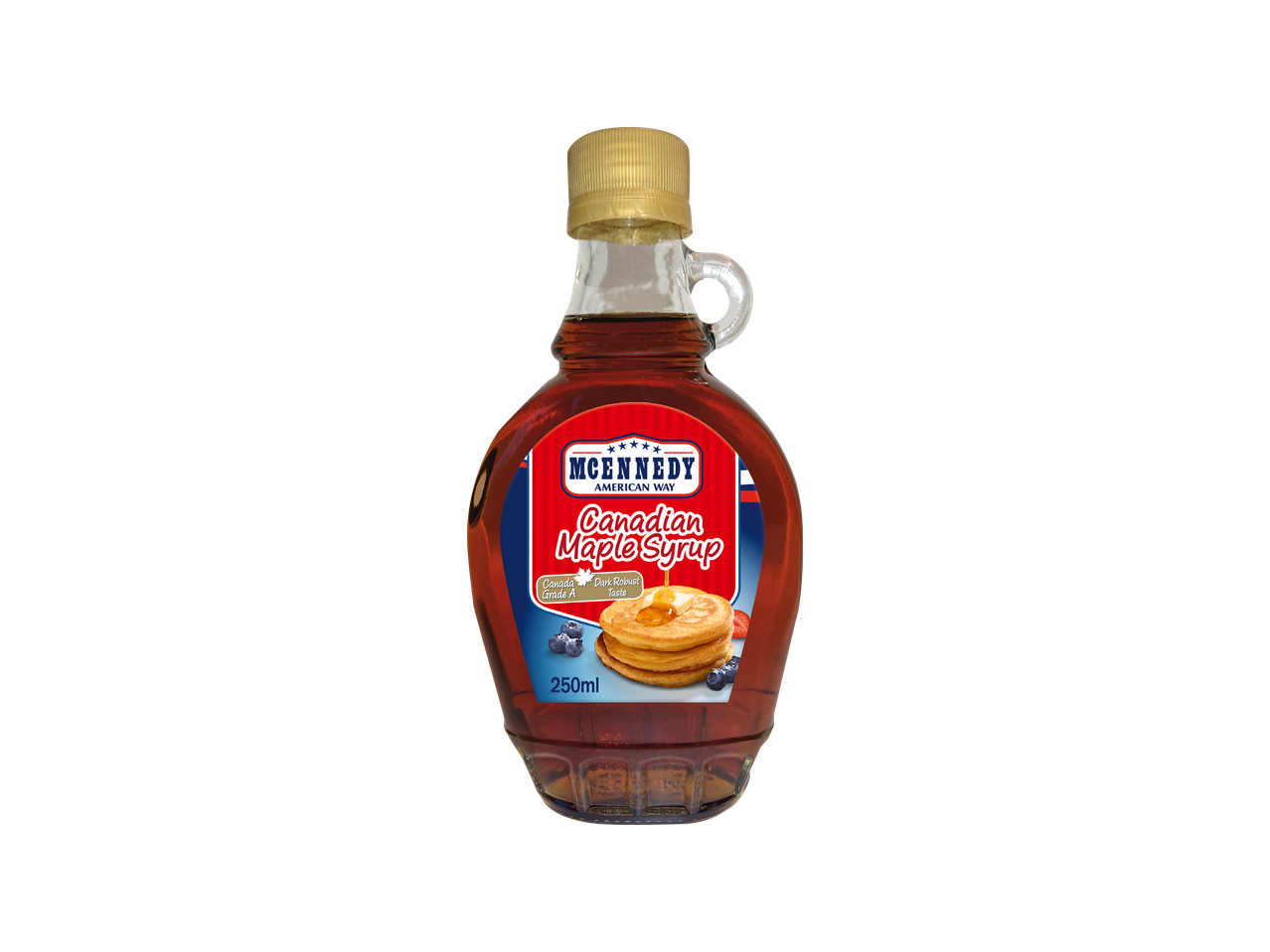 Boca javorovog sirupa s naljepnicom na kojoj su palačinke, borovnice i jagode.