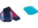 Cuscino gel per terapia caldo/freddo nera e rossa con un impacco di gel blu su sfondo bianco.