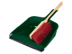 Green dustpan with red wooden brush.