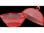 A red mesh colander and its matching dome lid are shown against a black background.
