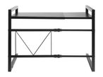 Black metal extendable microwave oven rack with a shelf and side supports.