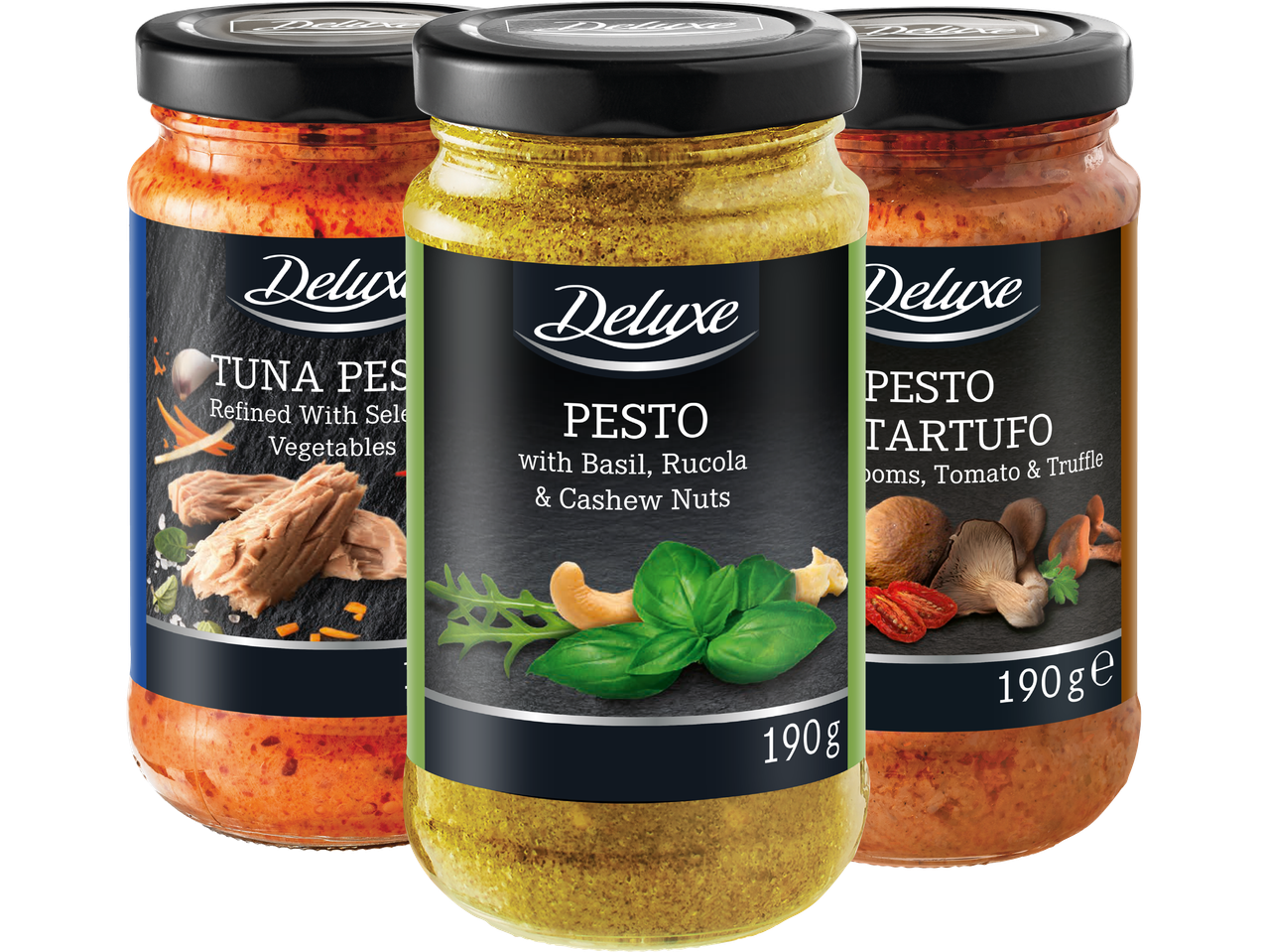 Tre burkar med pesto: tonfiskpesto, basilikapesto med cashewnötter och tryffelpesto.