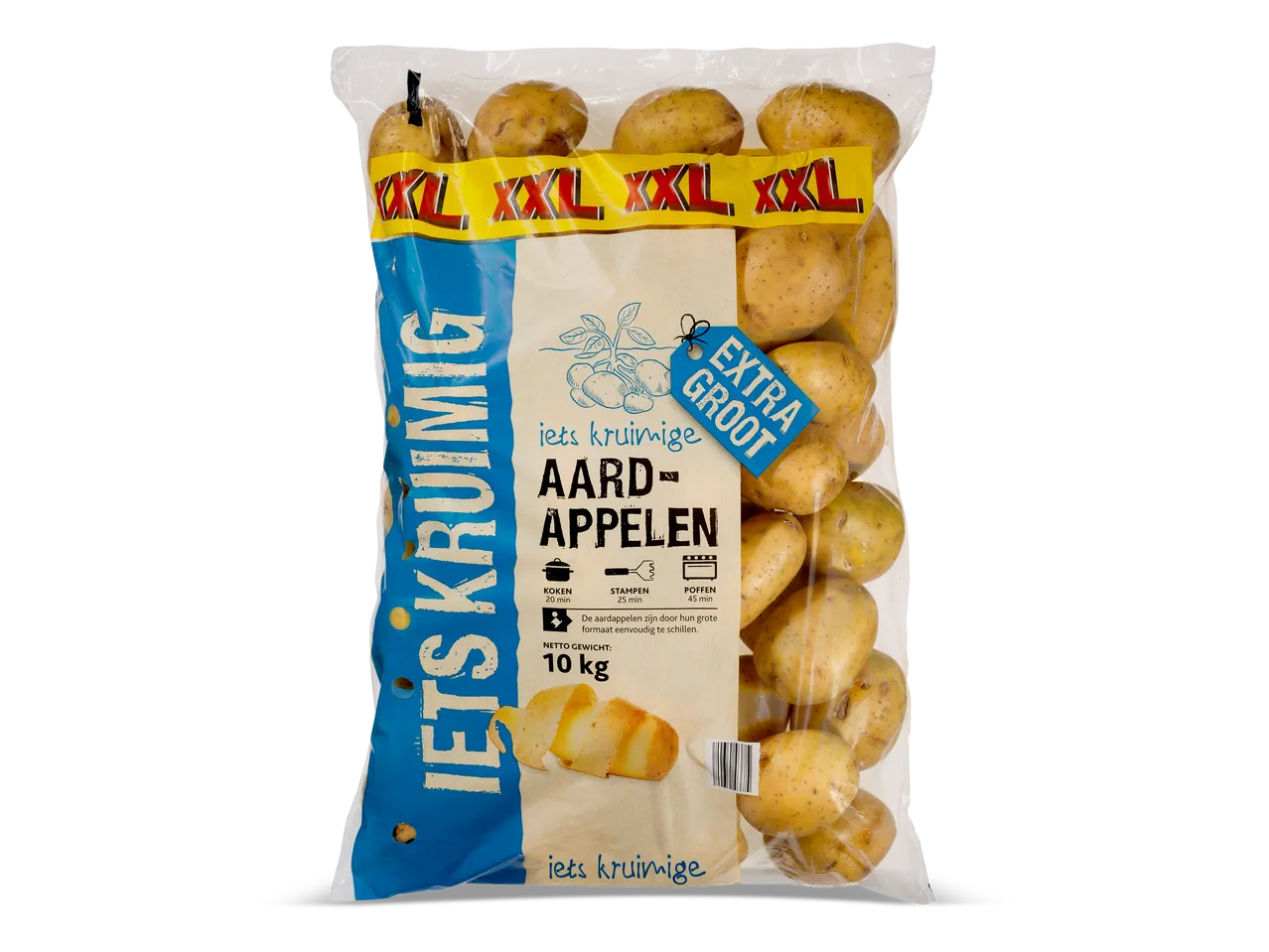 Een zak van 10 kg extra grote kruimige aardappelen met kook-, stamp- en pofinstructies.