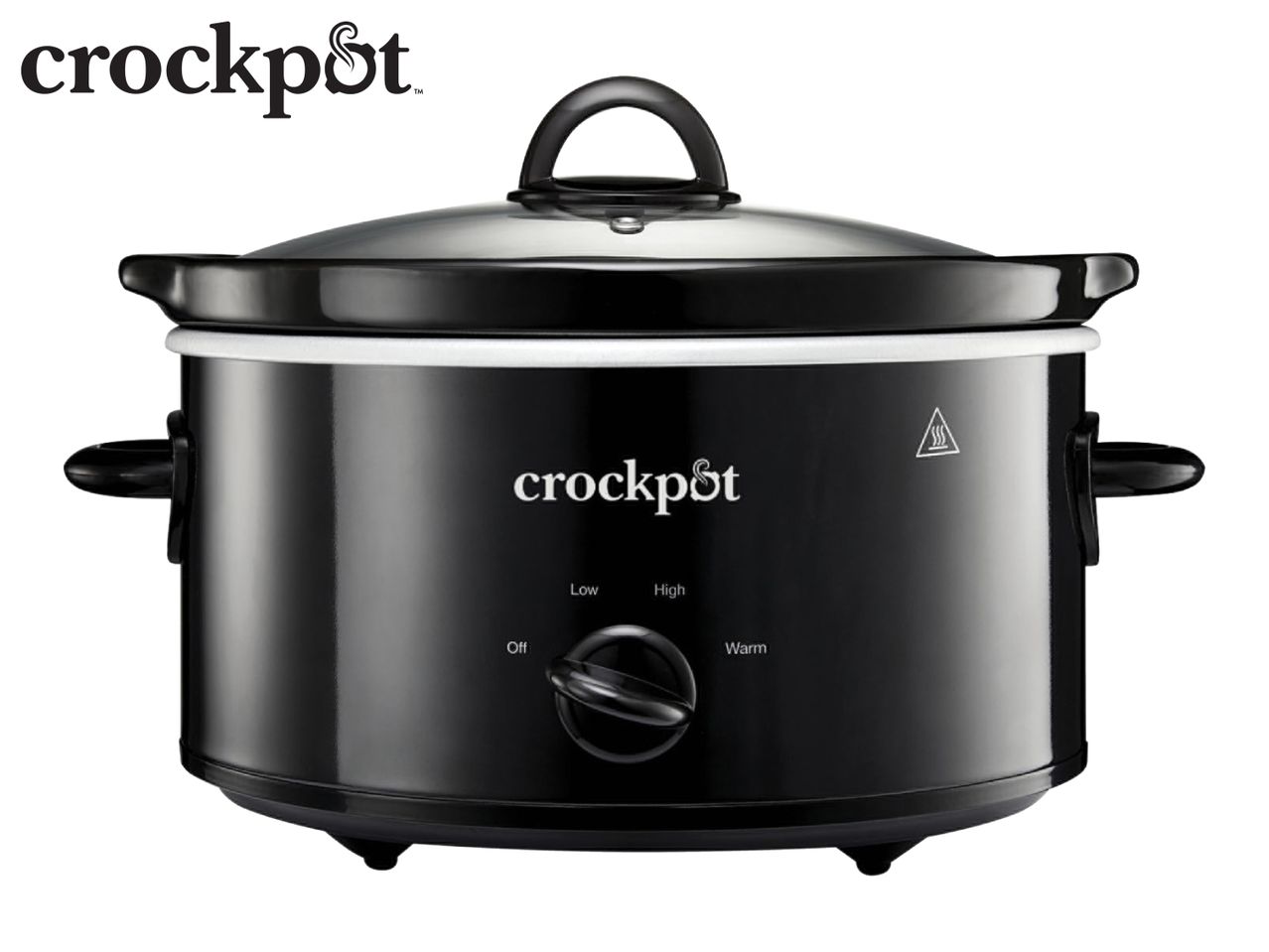 Black slow cooker with a glass lid and manual control dial.