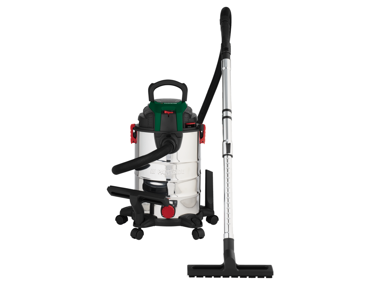 Wet and dry vacuum cleaner with a stainless steel tank and accessories.