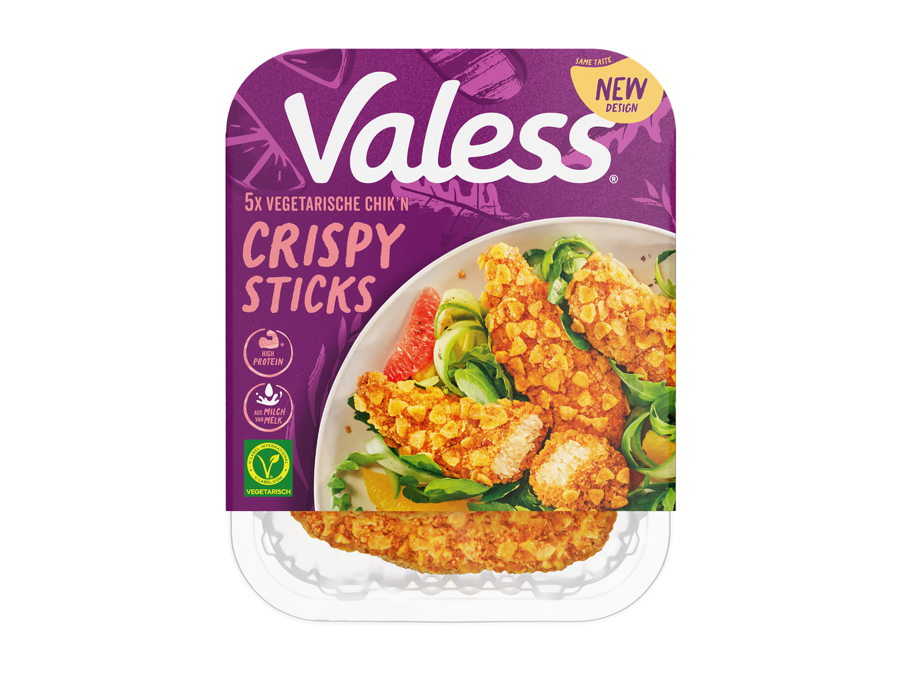 Verpakking van 5 vegetarische krokante sticks met salade, hoog in eiwit en gemaakt van melk.