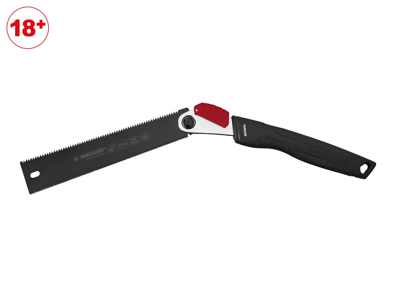 A black folding saw with a red locking mechanism and a black handle, with an '18+' age restriction symbol.