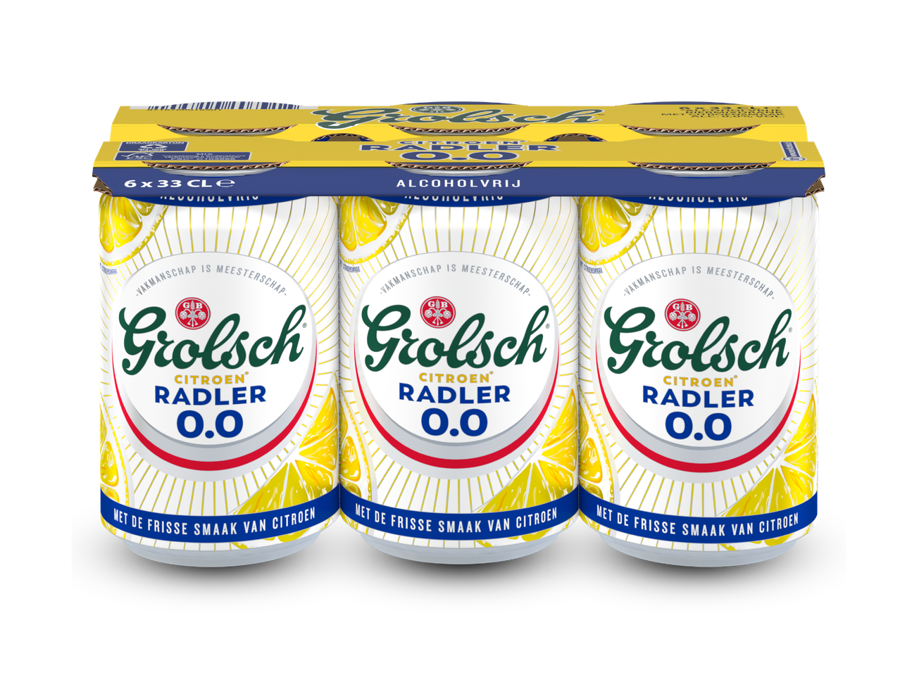 Zes blikjes alcoholvrije radler met citroensmaak in een verpakking.