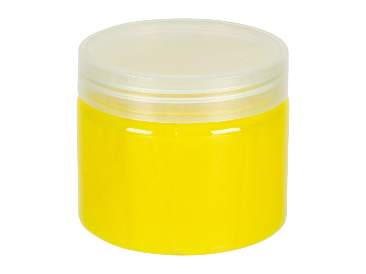 A small, yellow jar with a clear lid.