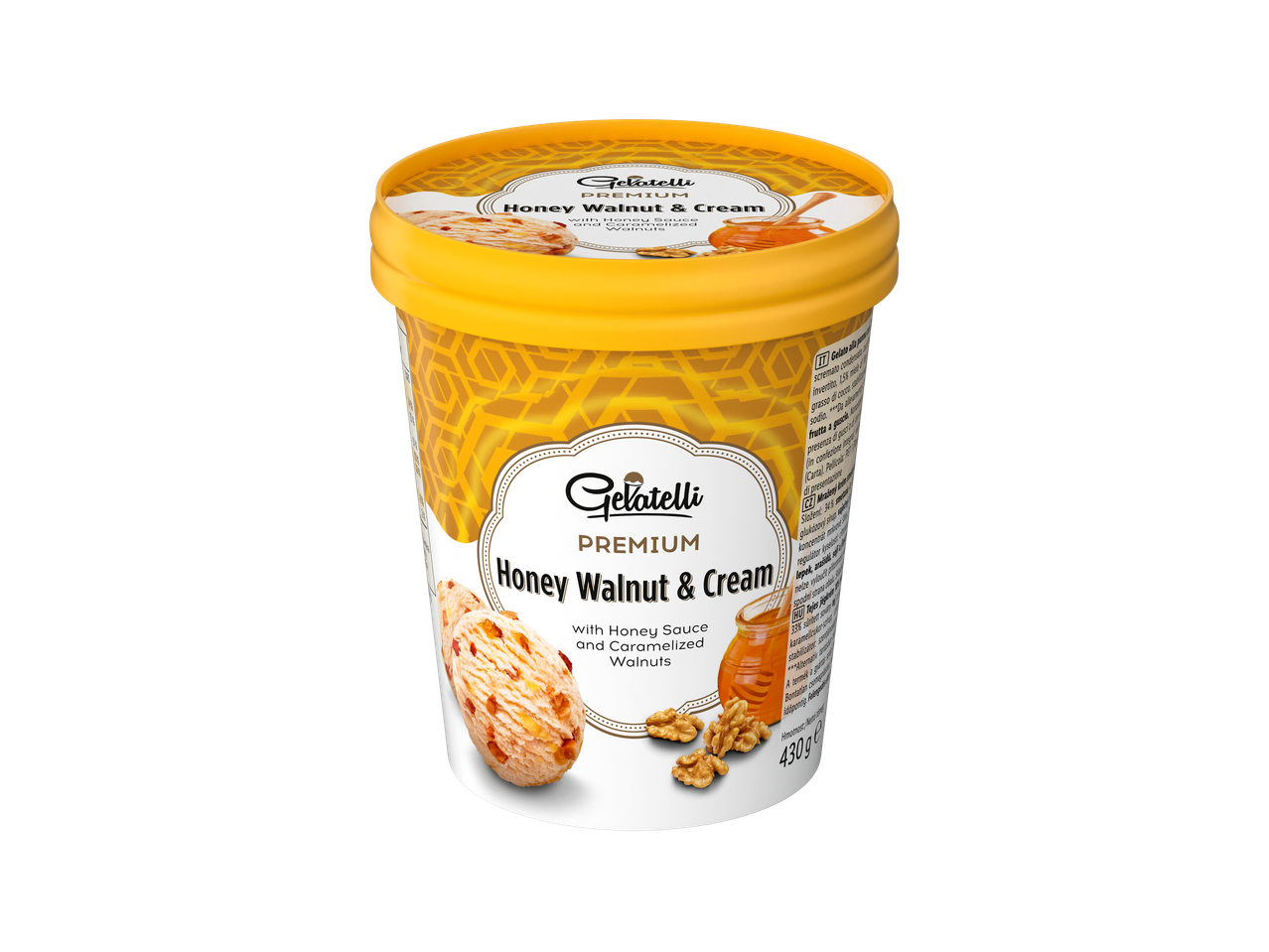 Gelatelli Premium mézes-diós fagylalt sárga pohárban.