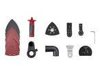 A set of oscillating tool accessories including sanding sheets, blades, and attachments.