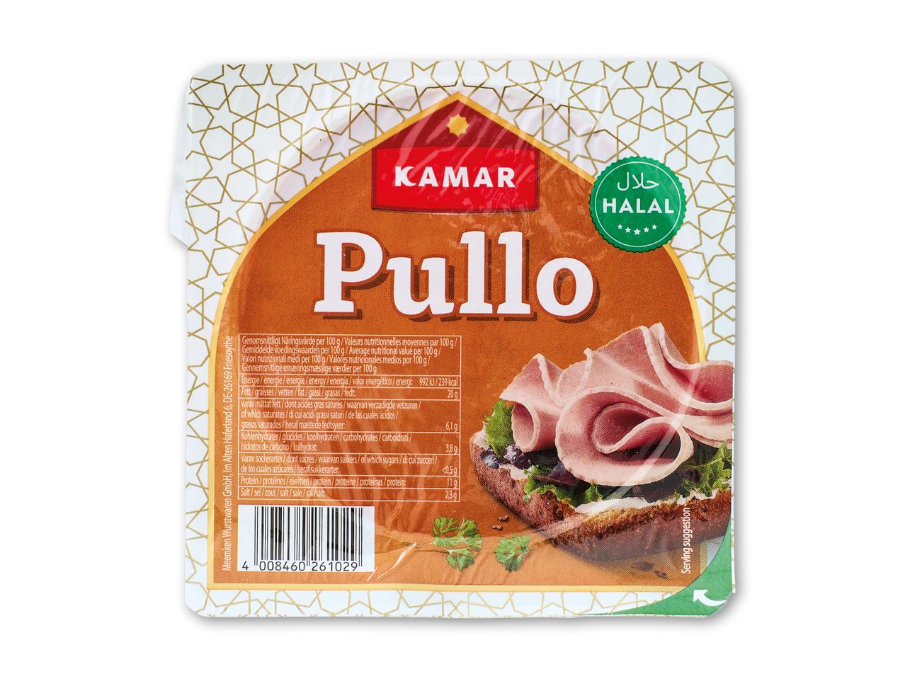 Pålæg af kylling med halal-mærke og ernæringsoplysninger.