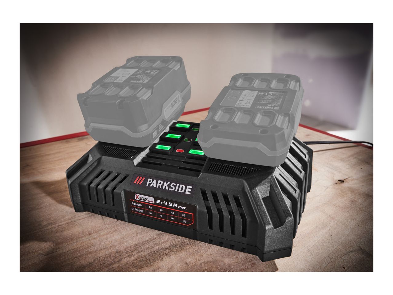 A Parkside X20V Team battery charger with two batteries on a wooden surface.