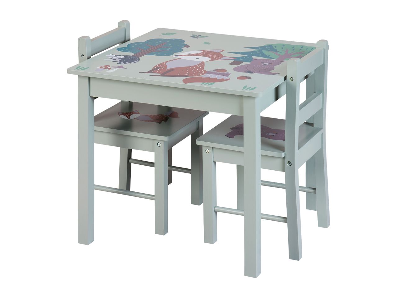 Kids' light green table and two chairs set with forest animal illustrations