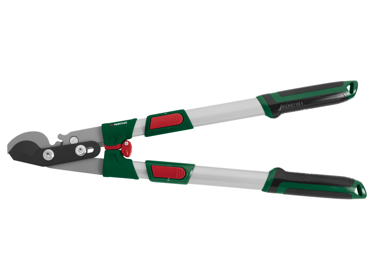 Zaļas un pelēkas dārza šķēres ar sarkaniem akcentiem, paredzētas zaru apgriešanai.