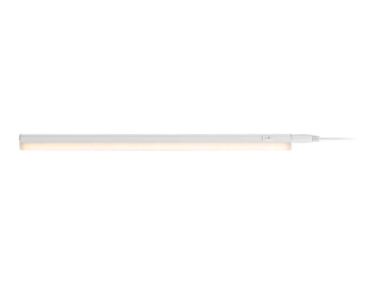 White LED under-cabinet light with a warm glow and an integrated switch.