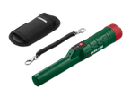 Grüner Metalldetektor mit roter Kappe, schwarzer Tragetasche und Spiralkabel.