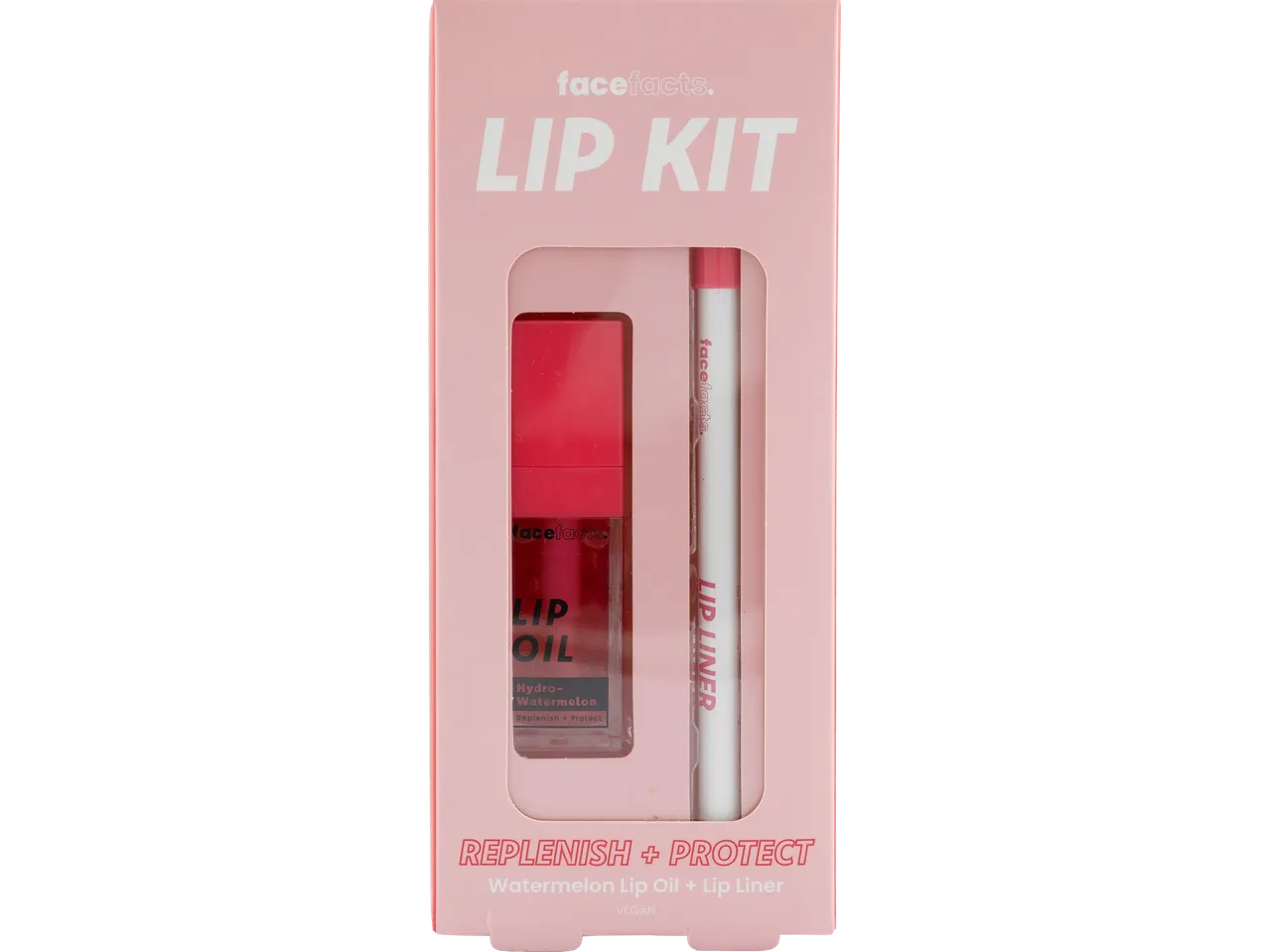 Facefacts Lip Kit with Watermelon Lip Oil and Lip Liner, Replenish + Protect, Vegan