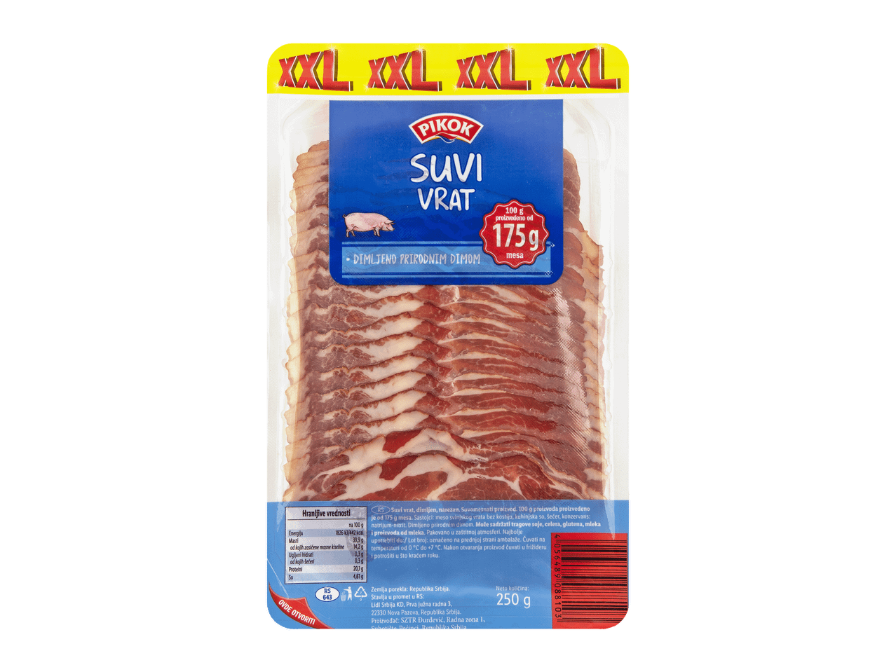 Pakovanje sušenog svinjskog vrata sa natpisom 'XXL' i informacijama o hranljivim vrednostima.