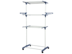 Three-tier W5 clothes drying rack with wheels and side hooks.