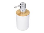 White soap dispenser with a bamboo top and chrome pump