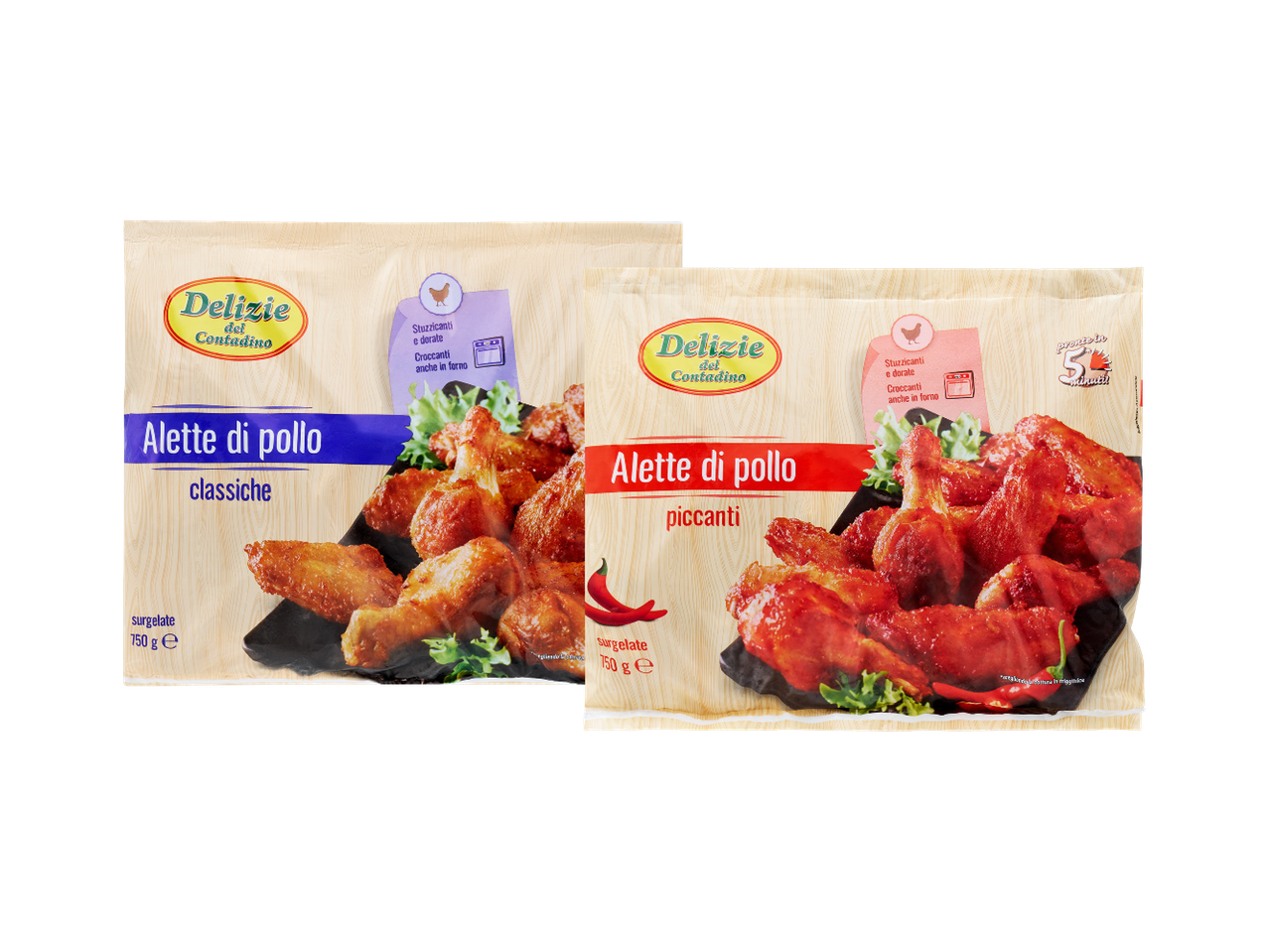Two packages of Delizie del Contadino chicken wings, classic and spicy flavors, 750g each.