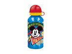 Blue water bottle with a red cap and a Mickey Mouse design.