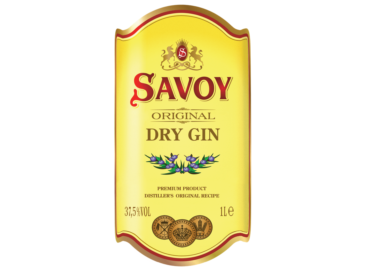 Етикет за сух джин с надпис „Savoy Original Dry Gin“, 37,5% алкохол и 1 литър.