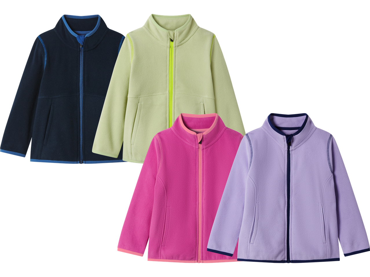 Fyra fleecejackor i olika färger: mörkblå, ljusgrön, fuchsia och lila.