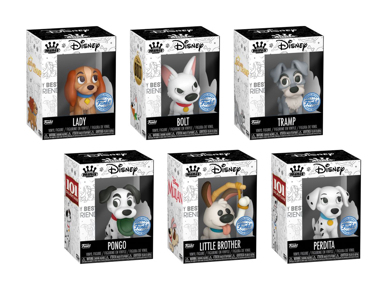 Seks Disney-hundefigurer i deres emballage, herunder Lady, Bolt, Tramp, Pongo, Little Brother og Perdita.