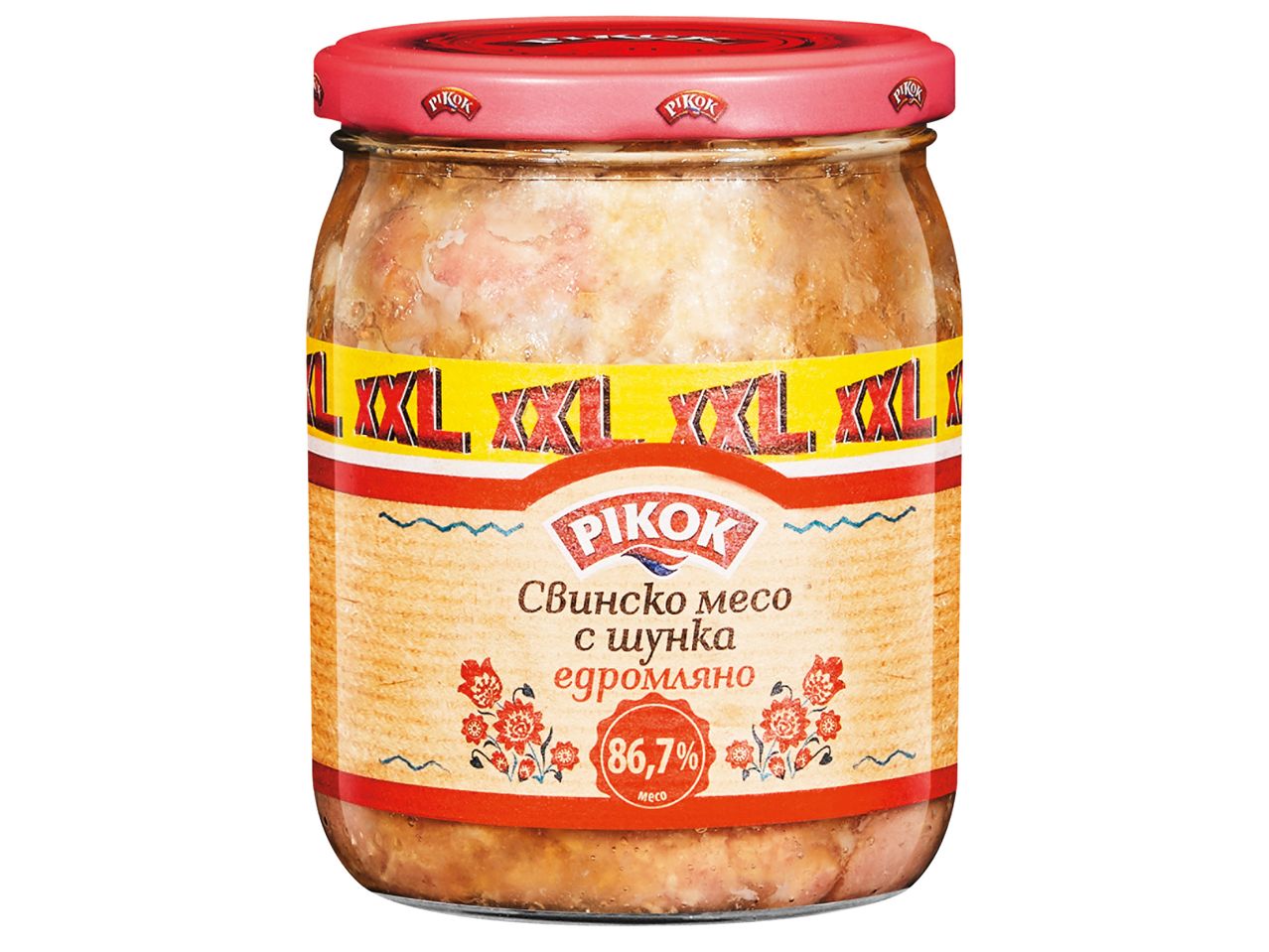 Стъклен буркан със свинско месо с шунка Pikok, 500 g/опаковка.
