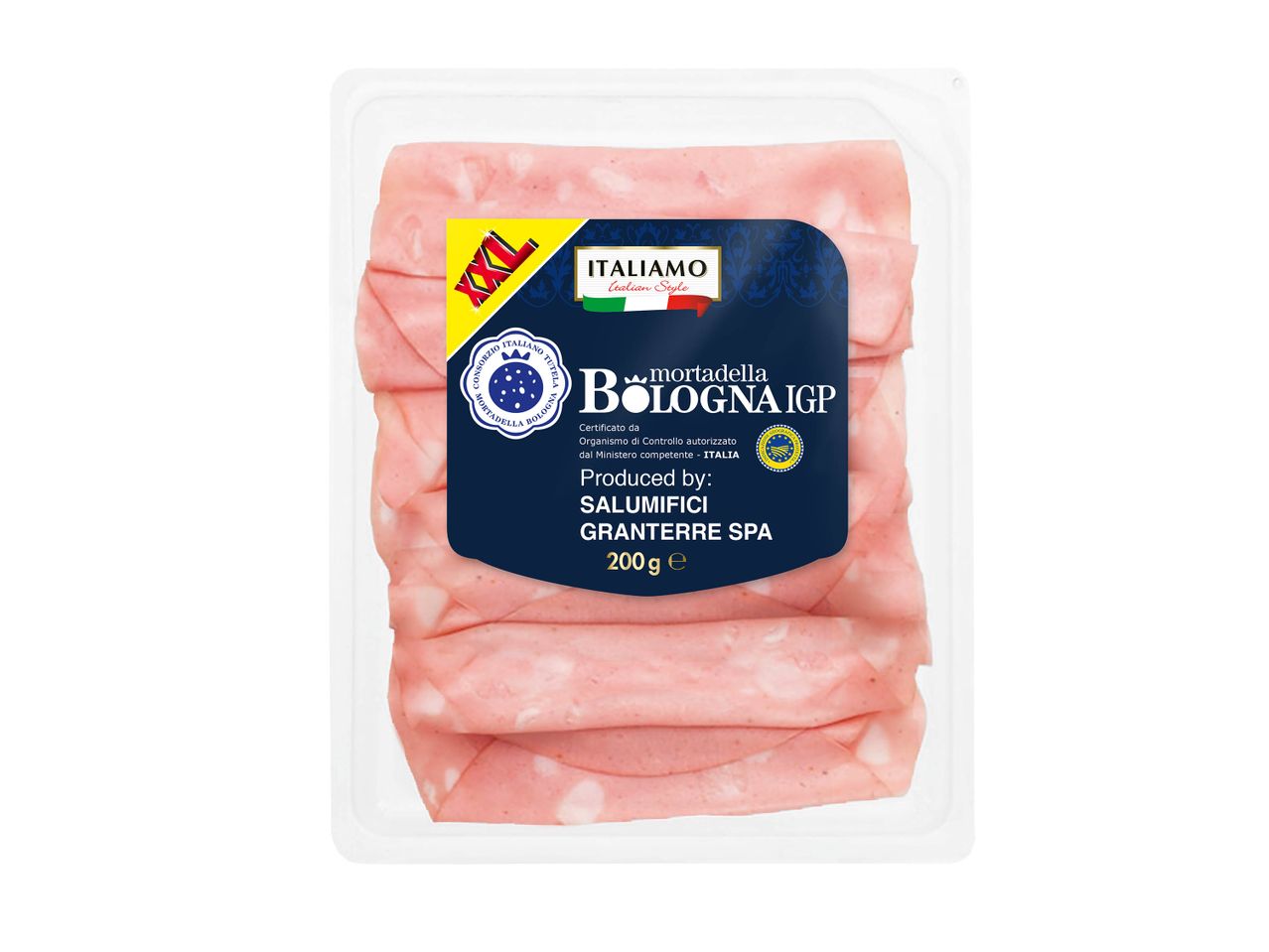 Emballage de mortadelle Bologna IGP Italamo de 200g, produit par Salumifici Granterre Spa.