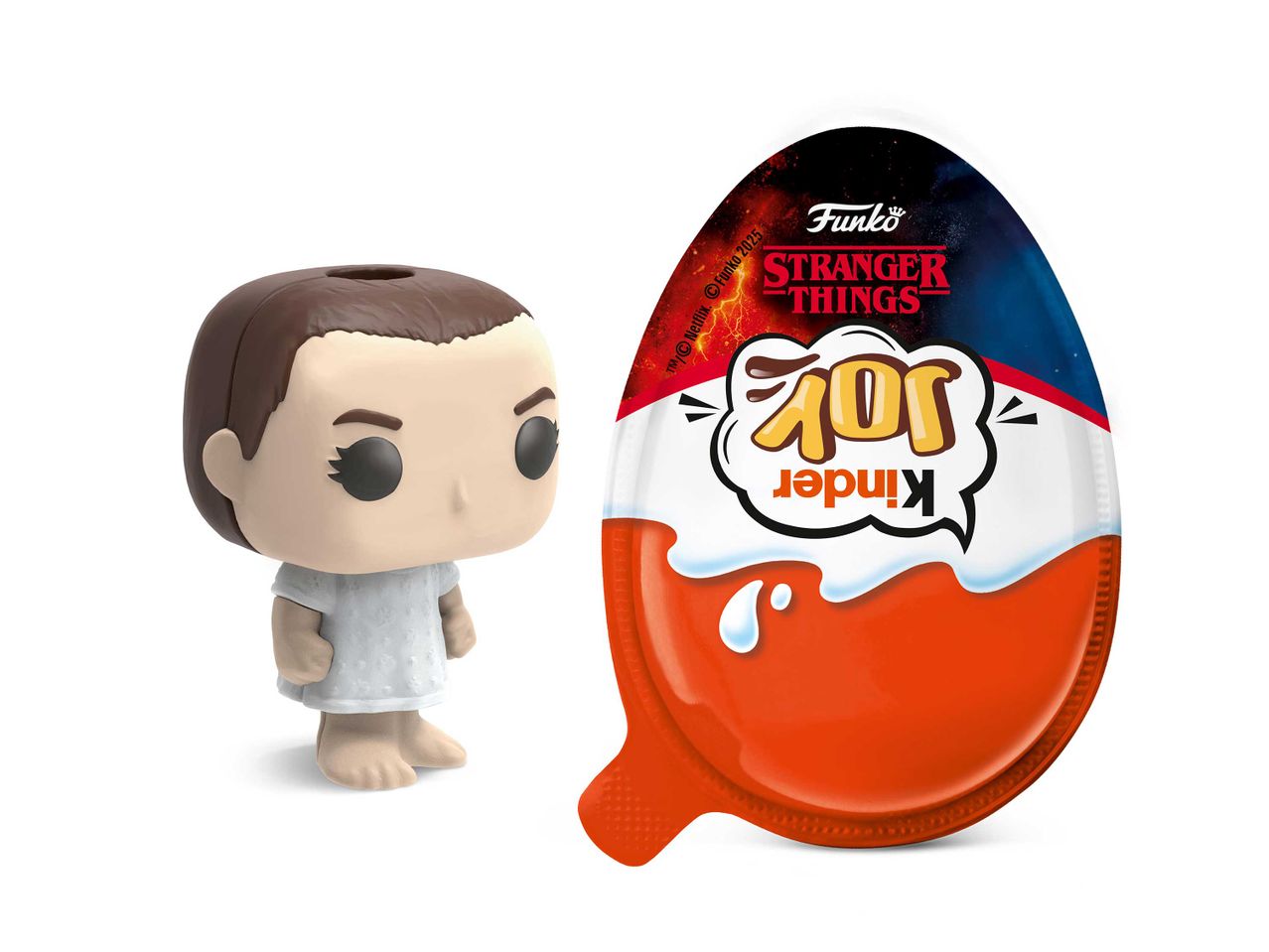 Egy Eleven Funko Pop figura és egy Kinder Joy tojás a Stranger Things témájában.