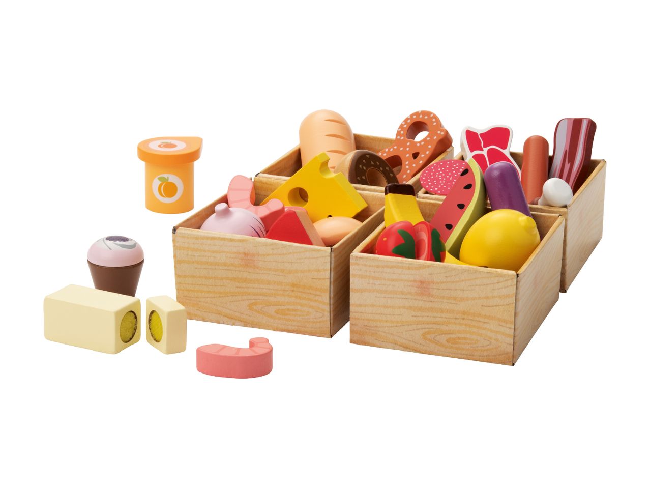 Wooden play food set with various items like fruits, vegetables, bread, and meat in crates.