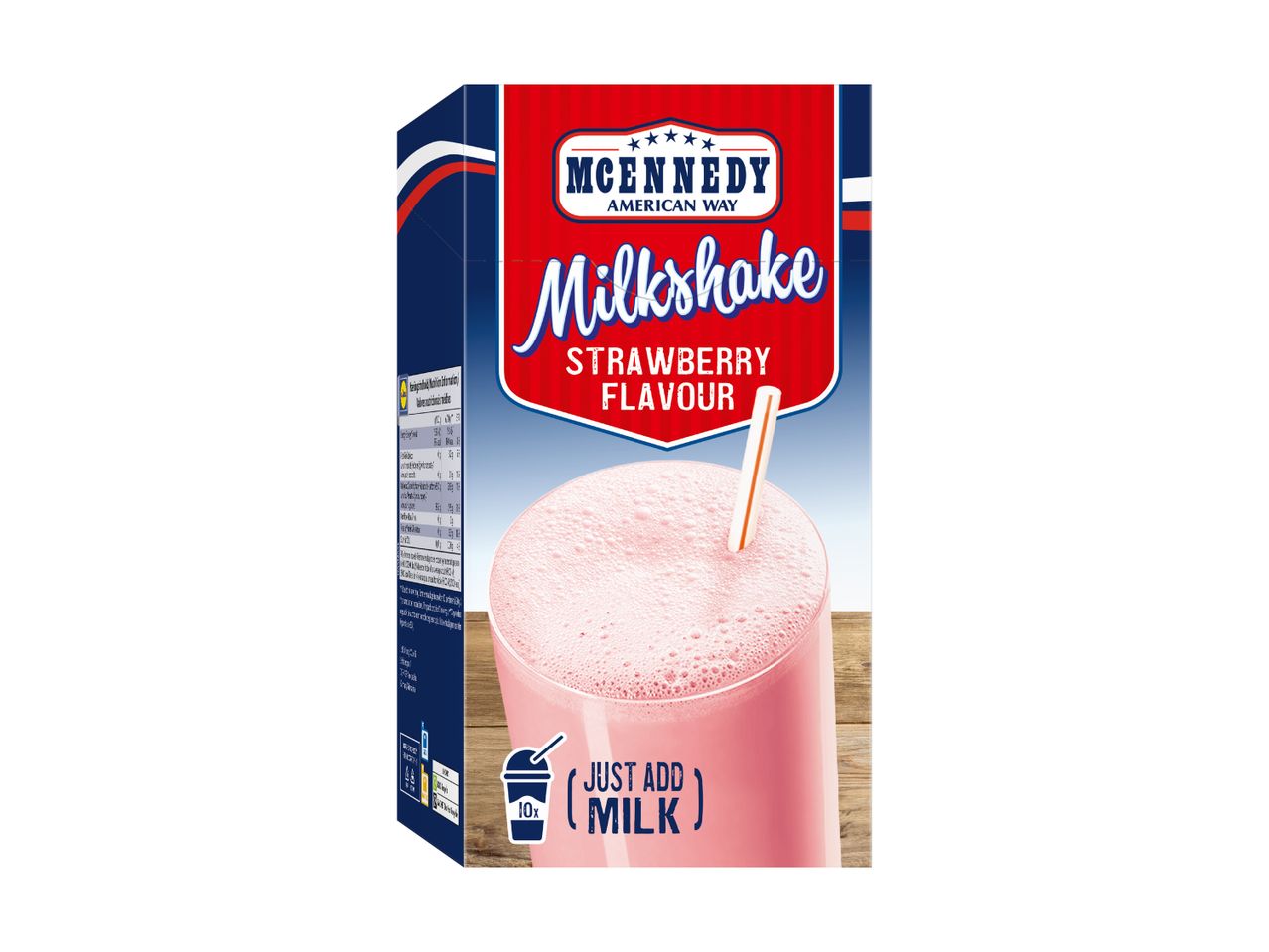 Strawberry milkshake mix packaging with a glass of pink milkshake and a straw.
