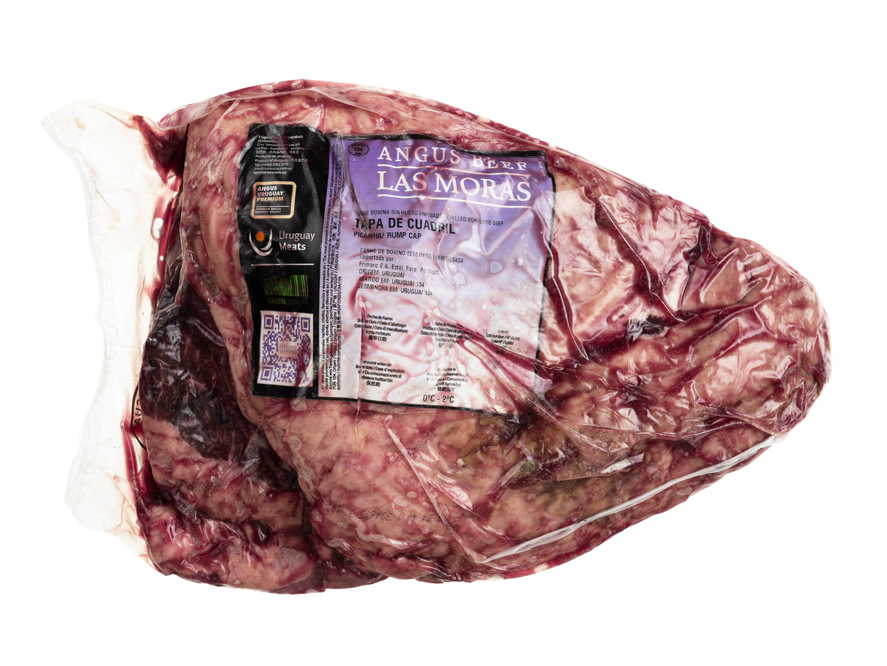 Picanha de Angus Las Moras embalada a vácuo, com rótulos visíveis.