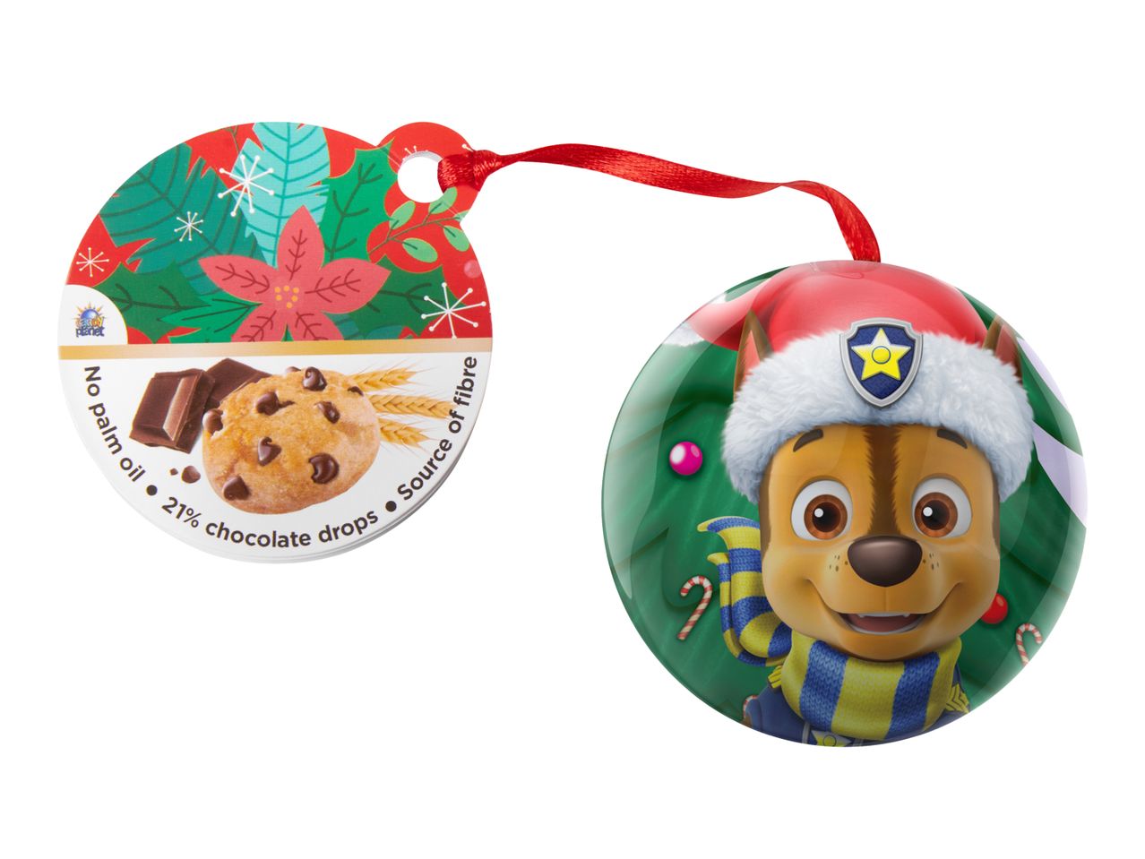 Paw Patrol Christmas ornament with Chase in a Santa hat and a cookie tag with text.