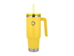 Yellow insulated tumbler with a handle, clear lid, and a yellow straw.