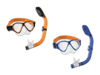 Zwei Schnorchelsets, eines orange und eines blau, mit Tauchmasken und Schnorcheln.