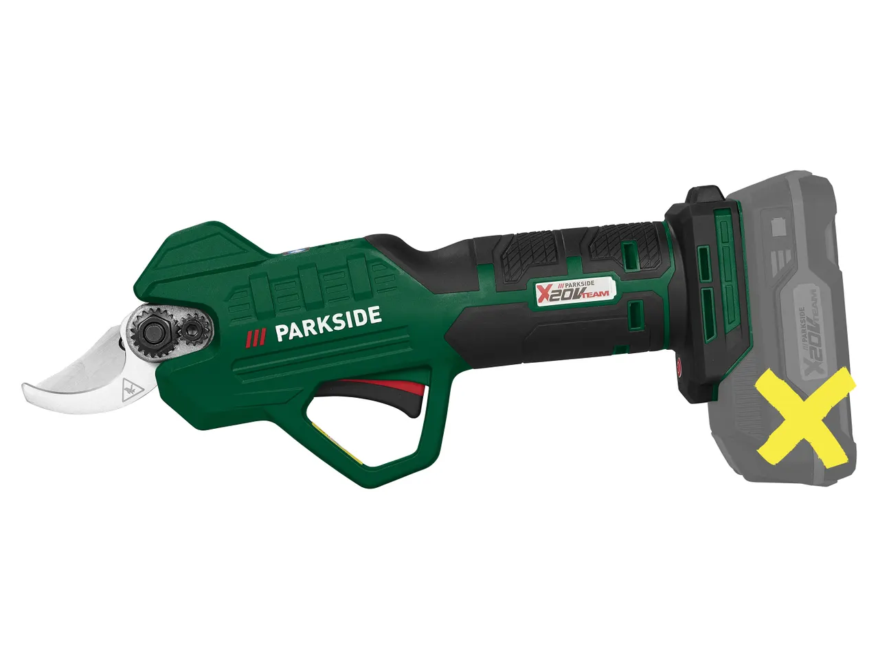 A green and black cordless electric pruning shear with a battery pack not attached.