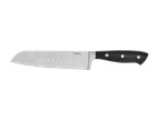 Santoku-kniv i rustfrit stål med sort håndtag og nitter.