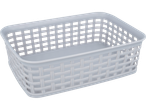 White rectangular plastic storage basket with a woven pattern
