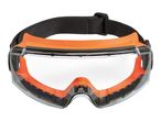 Safety glasses with an orange frame and black adjustable strap.