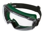 Green and clear safety goggles with an adjustable black strap