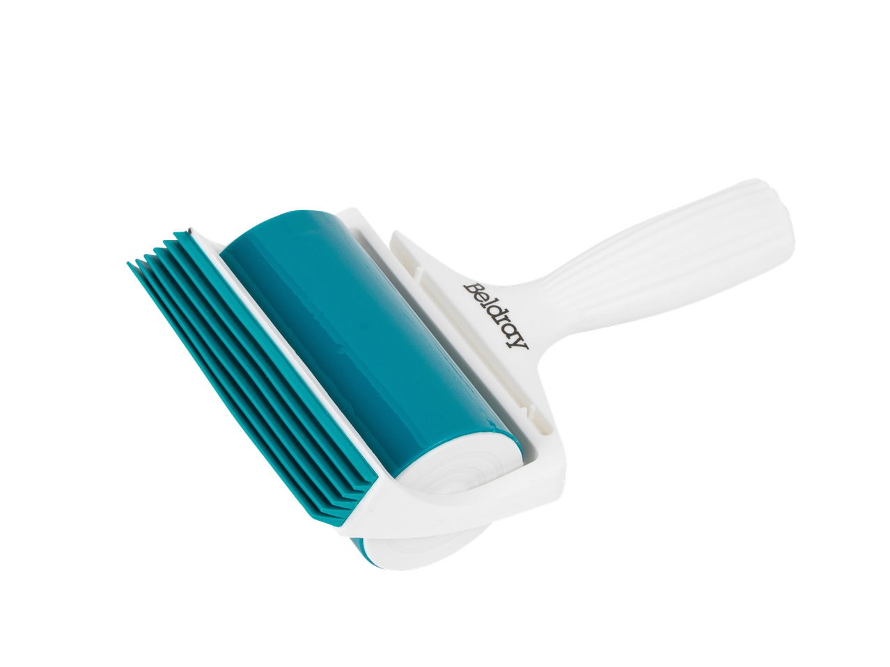 Beldray pūkų ir apmušalų šepetys baltos ir mėlynos spalvos.