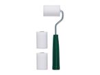 A paint roller with a green handle and two replacement foam roller covers.