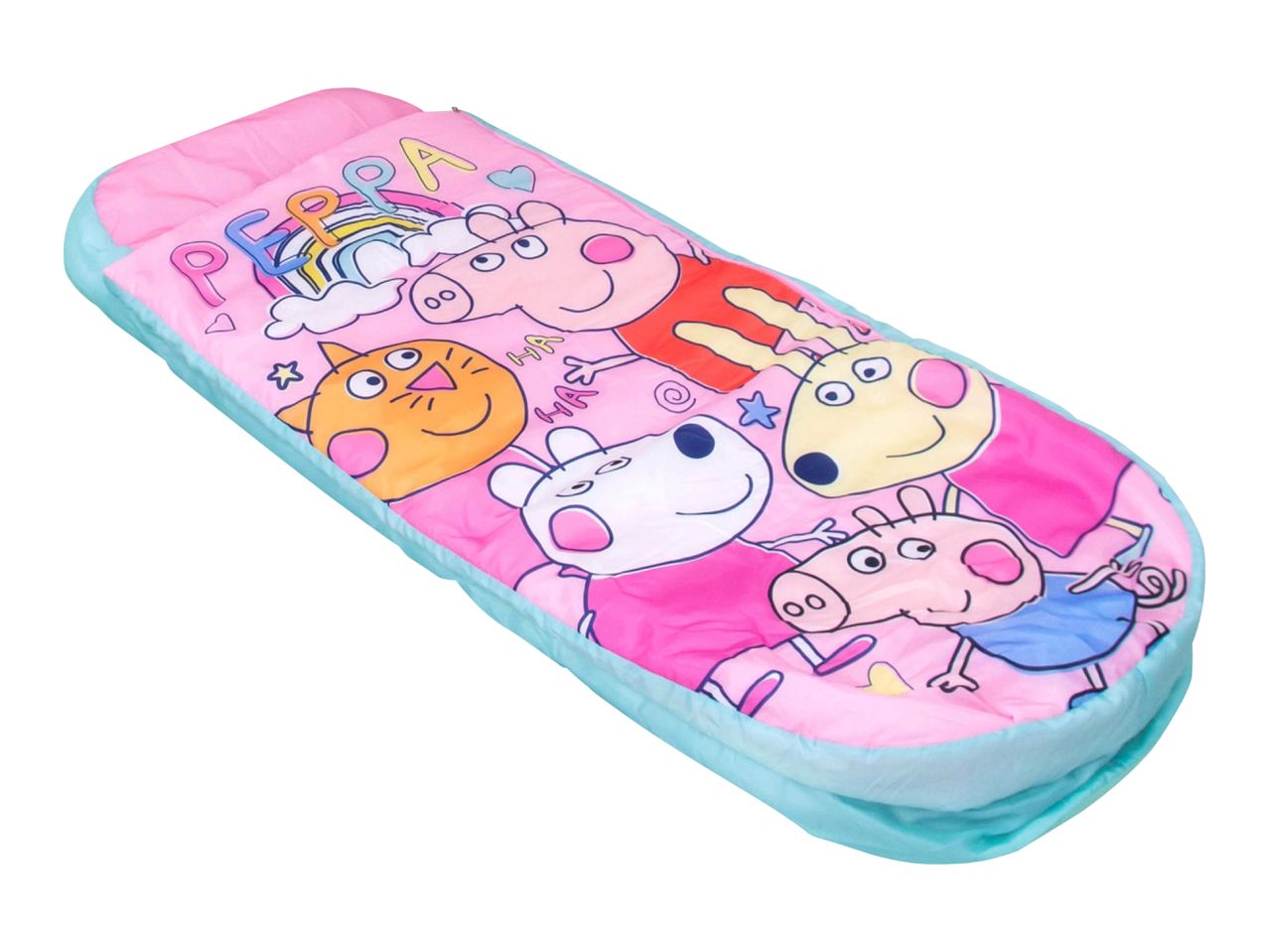 Pink sleeping bag with cartoon animal characters and a rainbow, featuring the word 'PEPPA'.